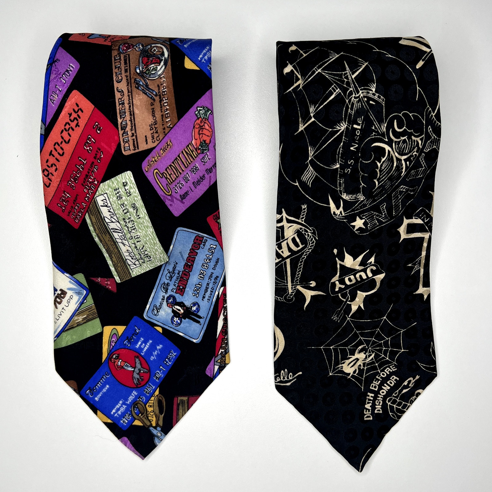 Nicole Miller Men's Silk Necktie Lot of 2 Vtg Tattoo & Credit Card Print 90s Y2K