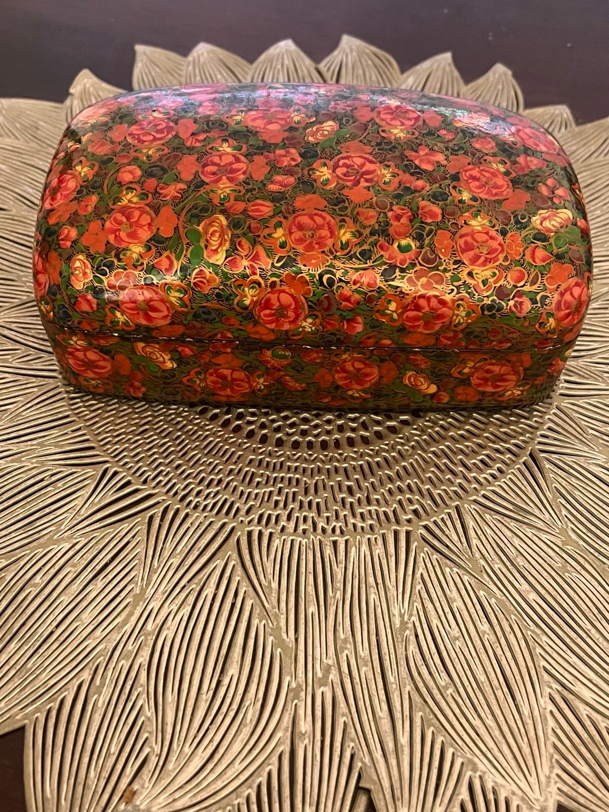 VTG Kashmiri Jewelry Box Papier Mache Bold Color Flowers Lacquered Black Inside