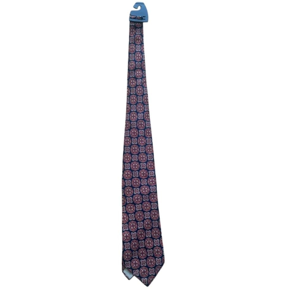 Christian Dior Vintage Silk Tie Navy Blue Red Medallion Print Designer Necktie