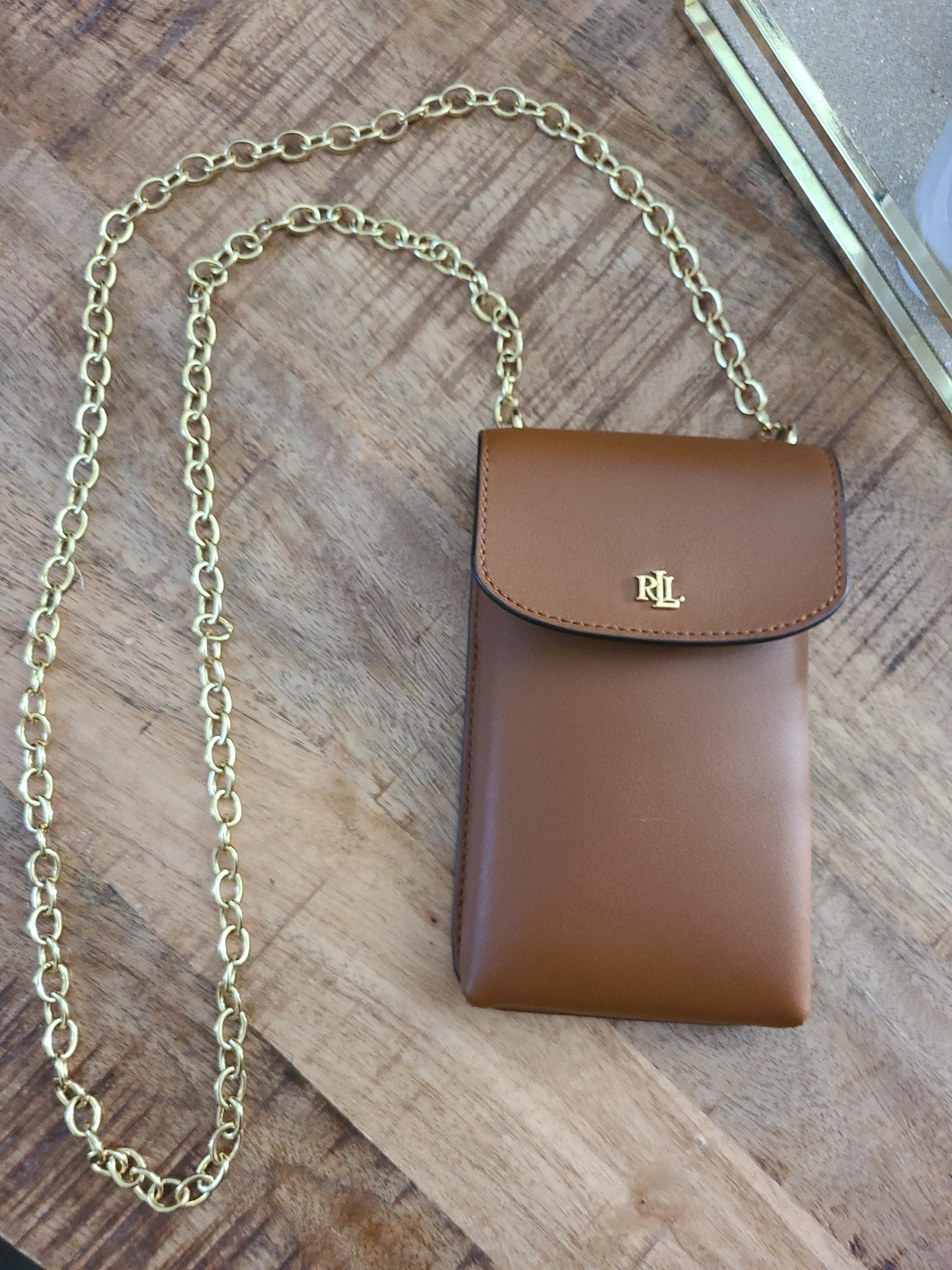 Ralph Lauren Leather Brown Phone Crossbody Clutch Strap Chain