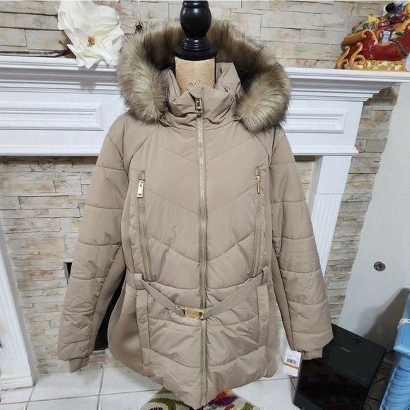 Michael Kors tan Taupe long puffer coat faux fur trim plus size 3X NEW!!!