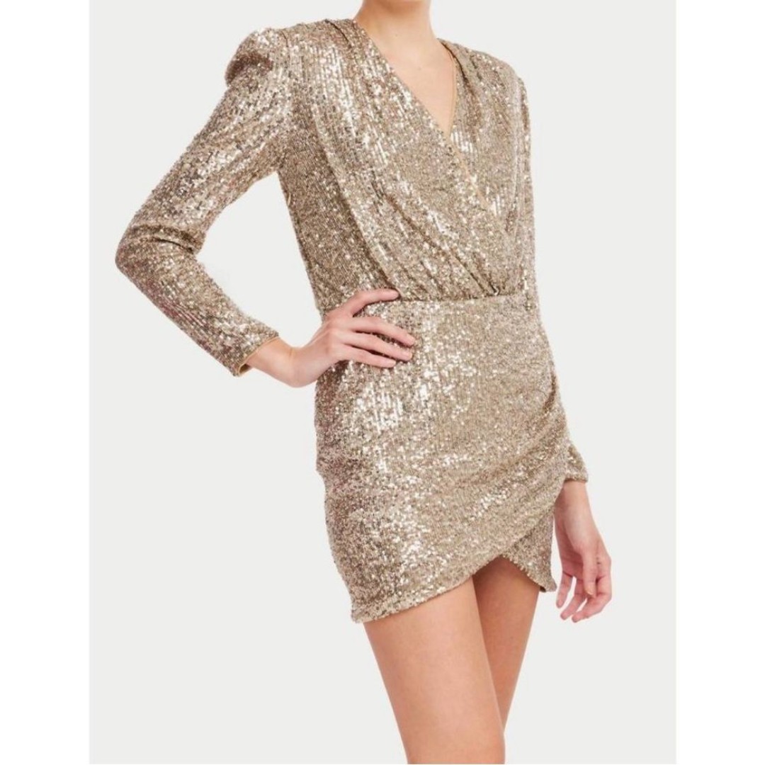 NWT GENERATION LOVE Miley Sequin Faux Wrap Sequin Mini Dress in Champagne S