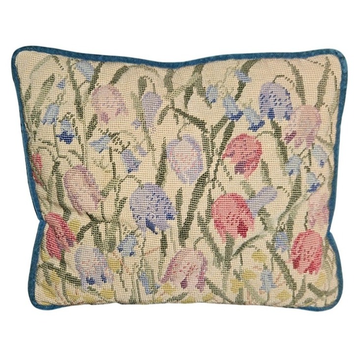 Vintage Needlepoint Pillow Floral w/ Blue Piping 13.5 X 11.5 Handmade