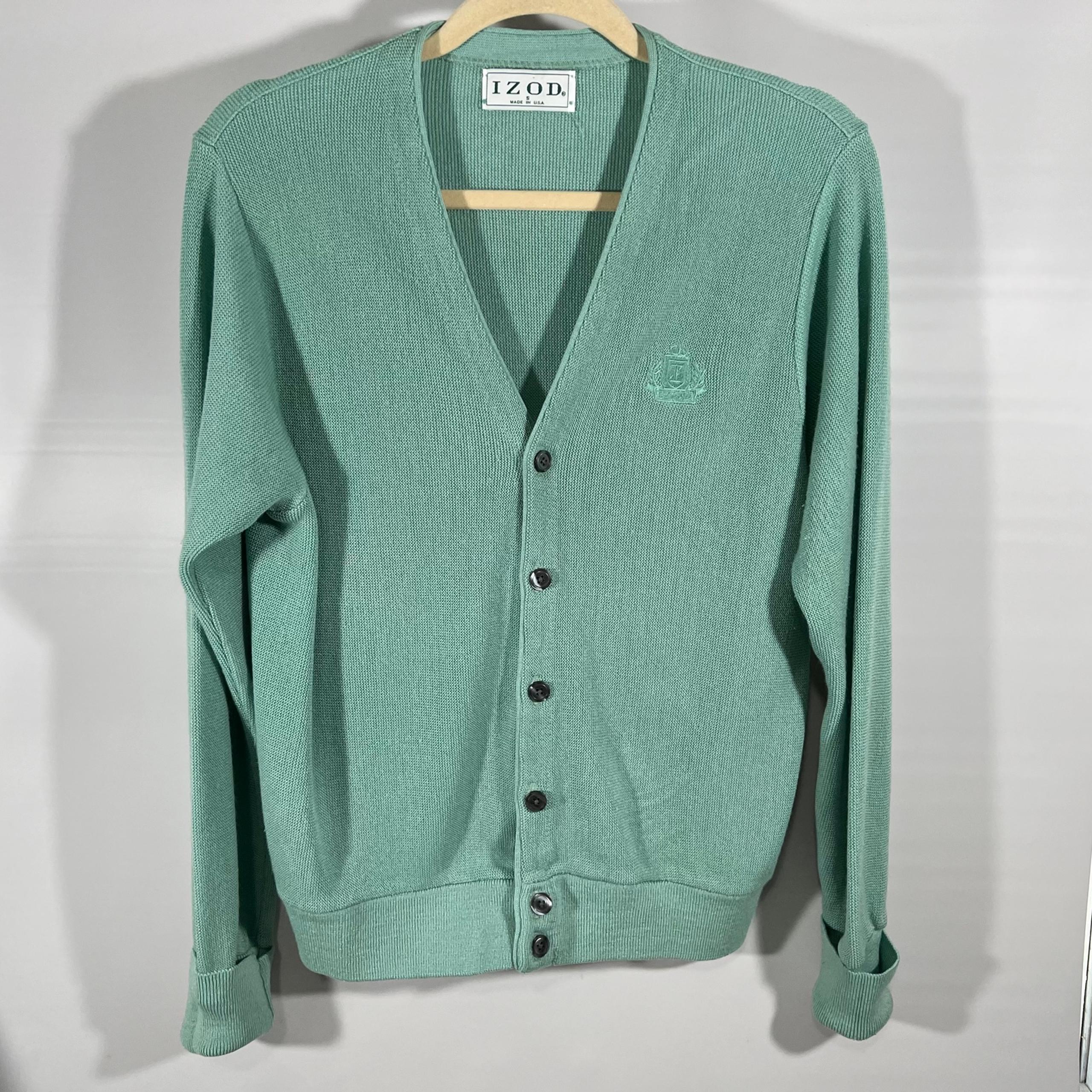 Vtg 80s Izod Mens Mint Green Grampa Preppy Grunge Cardigan Sweater S Made USA