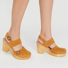 Free People Suede Park Circle Platform Buckle Round Toe Chunky Wood Clogs in Tan