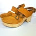 Free People Suede Park Circle Platform Buckle Round Toe Chunky Wood Clogs in Tan