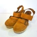 Free People Suede Park Circle Platform Buckle Round Toe Chunky Wood Clogs in Tan
