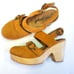 Free People Suede Park Circle Platform Buckle Round Toe Chunky Wood Clogs in Tan