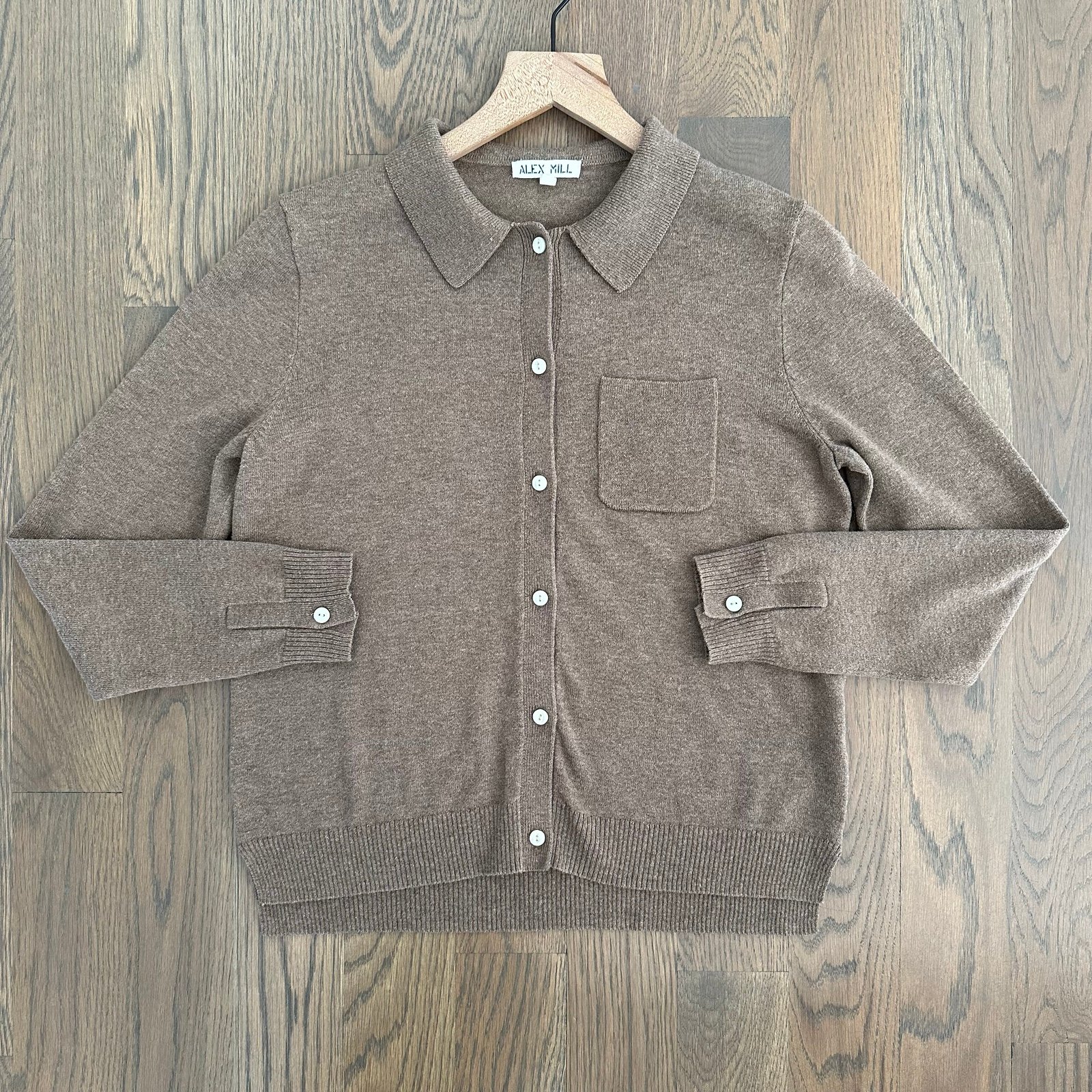 Alex Mill Merino Wool and Cotton Blend Collared Button Knit Cardigan Brown Small