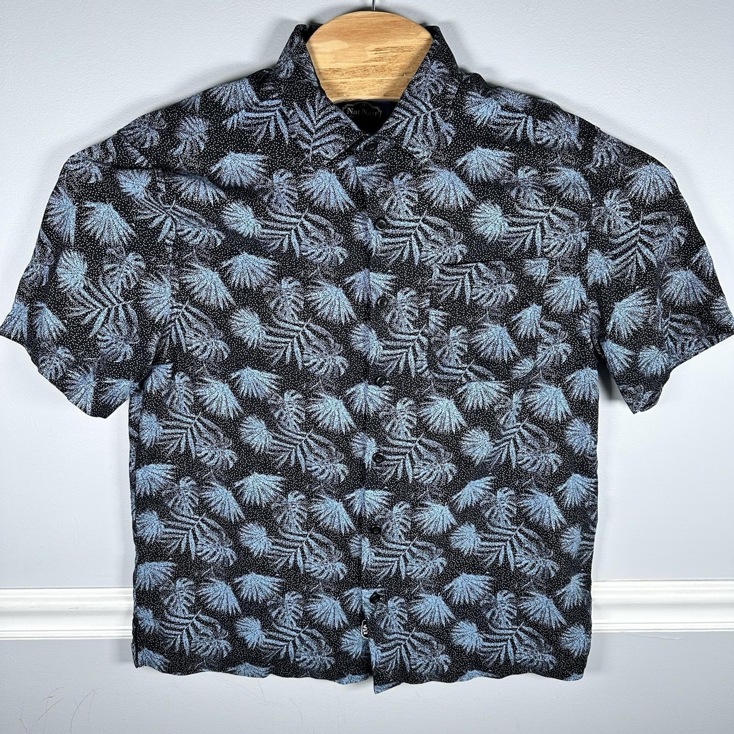 Nat Nast Shirt Medium Button Up Silk /Cotton All Over Print Hawaiian Camp Blue