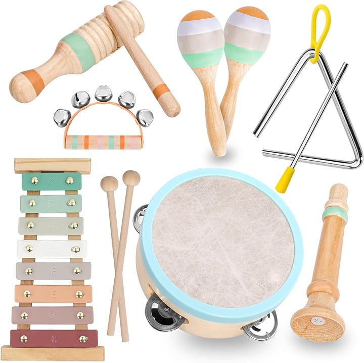 Wooden Musical Instruments Set for 1 2 3 Year Toddlers with Storage Bag