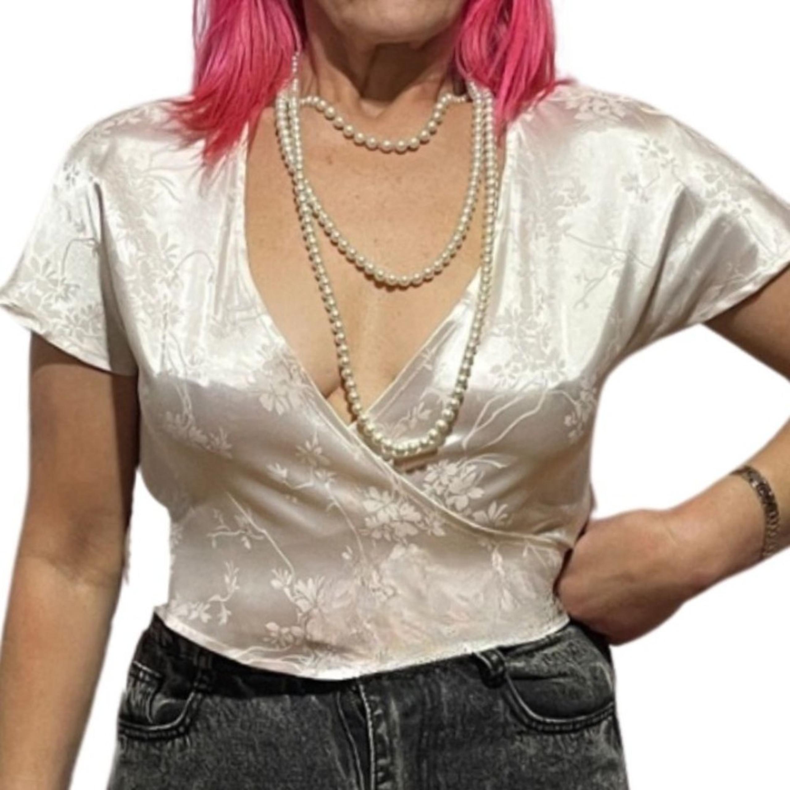 Elegant Cream Satin Flutter Sleeve Wrap Blouse Top