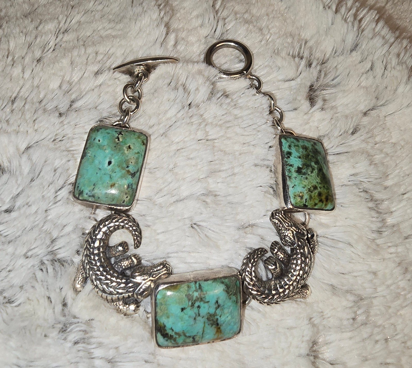 STERLING SILVER & TURQUOISE VINTAGE BRACELET, Alligator & Turquoise, 7