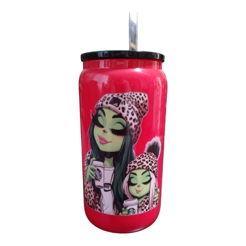New handmade UVDTF Mommy & daughter red tumbler with black lid & straw