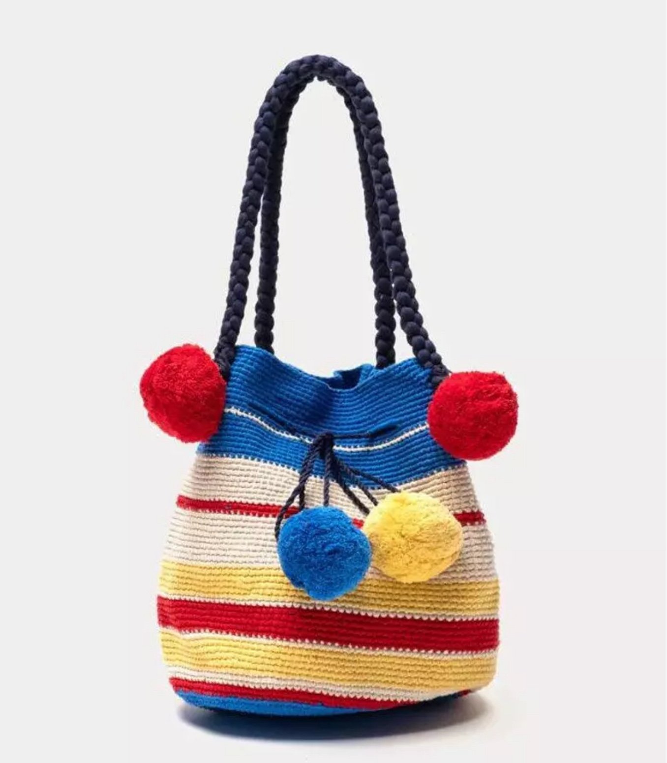 NWT FRANCES VALENTINE HALEY WOVEN BUCKET POM POM REGATTA STRIPE BAG