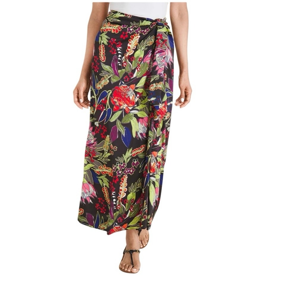 NWT Chicos Sarong Blooms Black Mulitcolor Tropical Print Maxi Skirt Size US 16