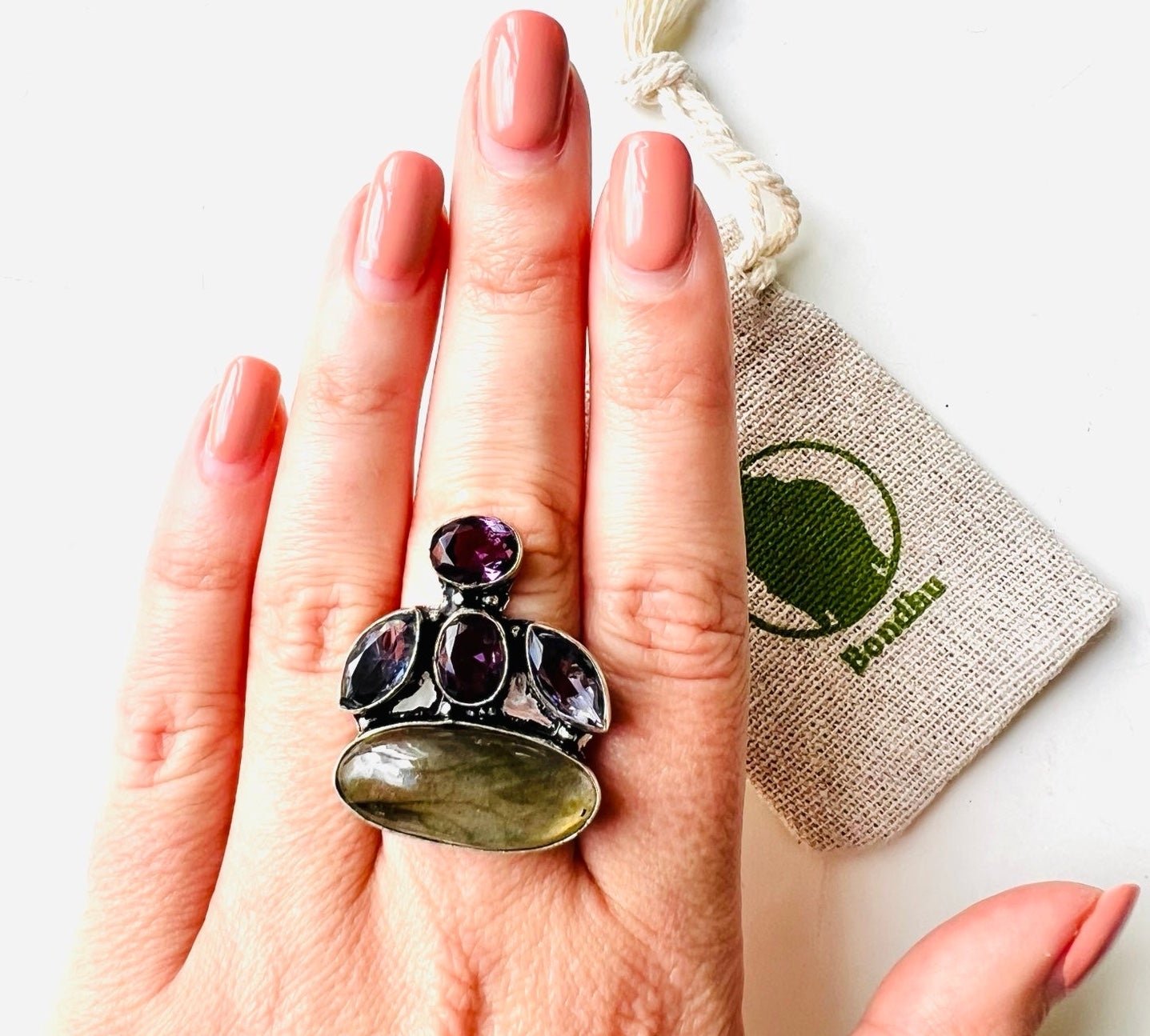 Labradorite & Amethyst Silver ring 925 size 7