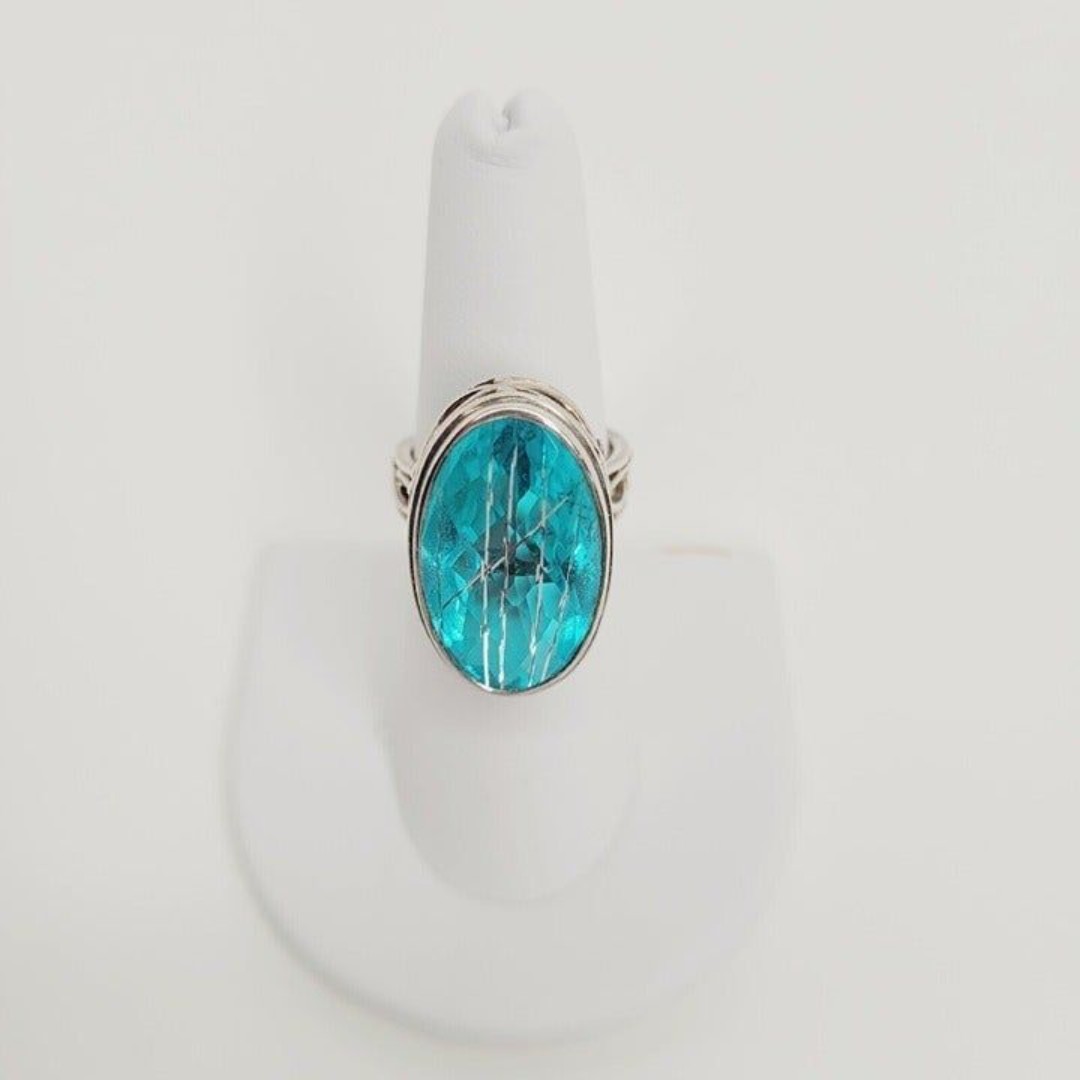 SAJEN SS 925 Blue OVAL CELESTIAL Pariba Rutilated Quartz Ring 7 ADJUSTABLE