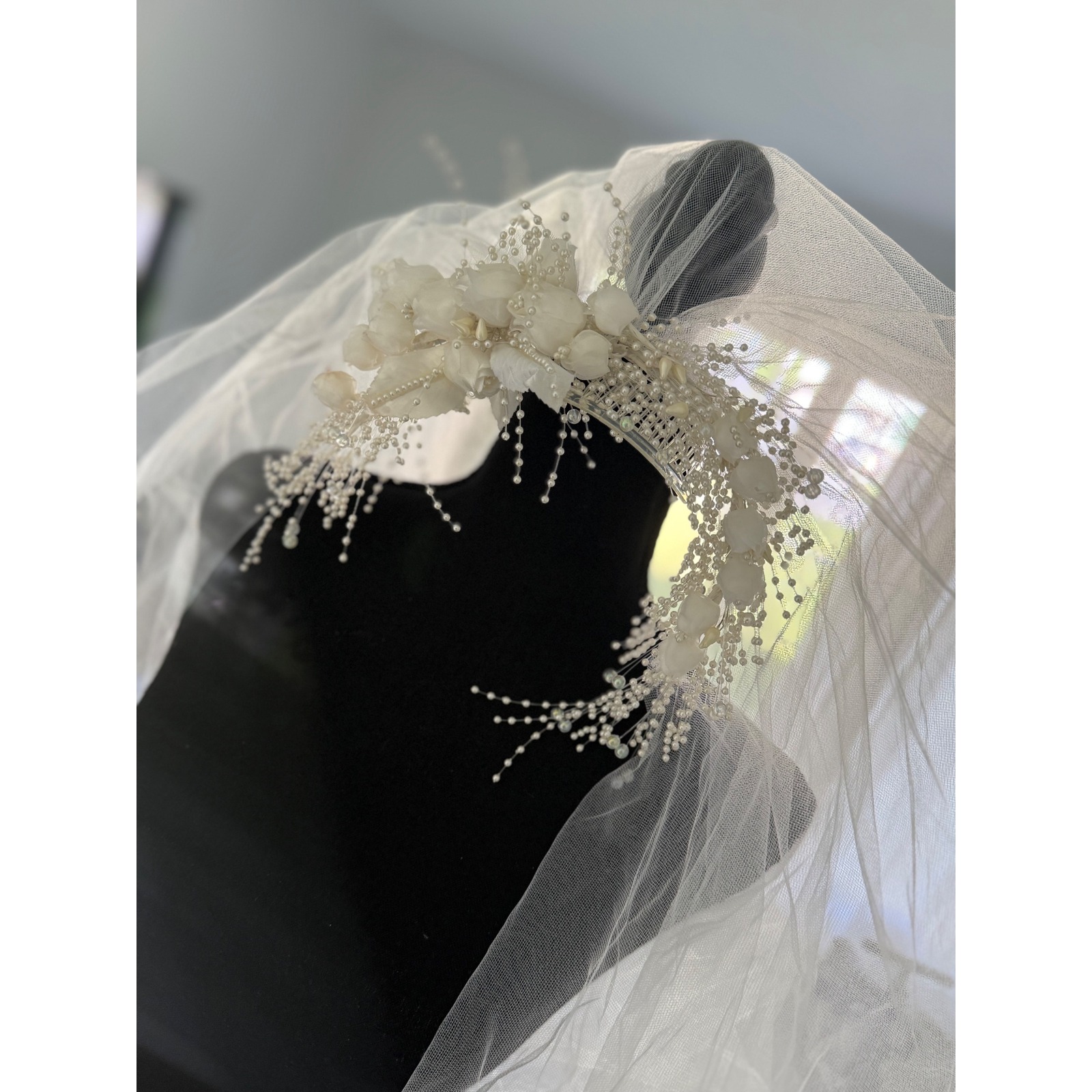 Bridal Veil Headpiece Flower Pearl Wedding Headband White two layers with comb