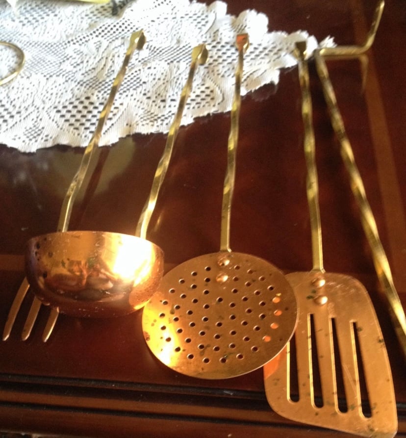 Vintage Cooking Utensils Spatula Ladle Fork Sieve Copper And Brass Set Rare Find