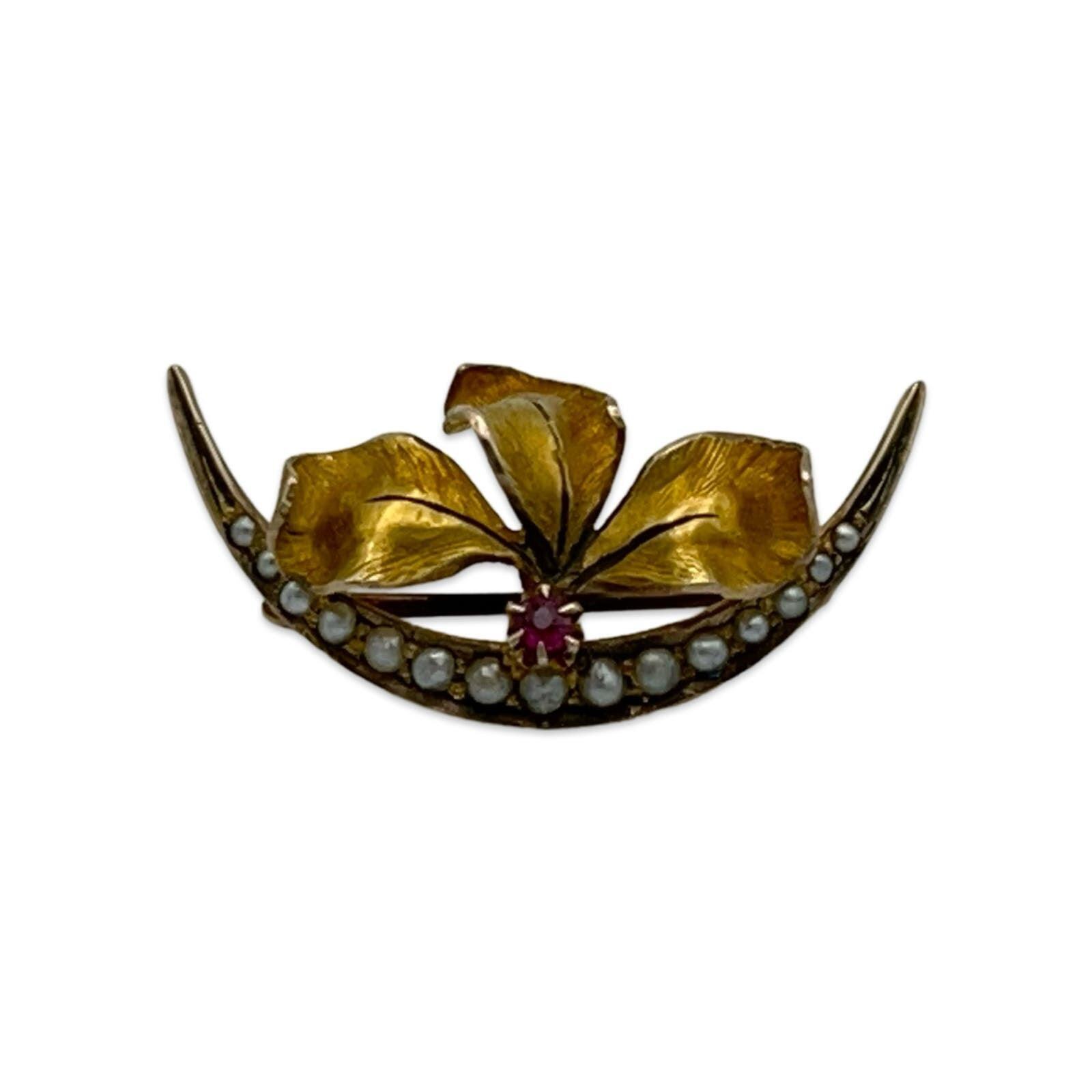 Antique Victorian Crescent Moon 10K Gold Ruby Stone Seed Pearls Leaves Pin Small