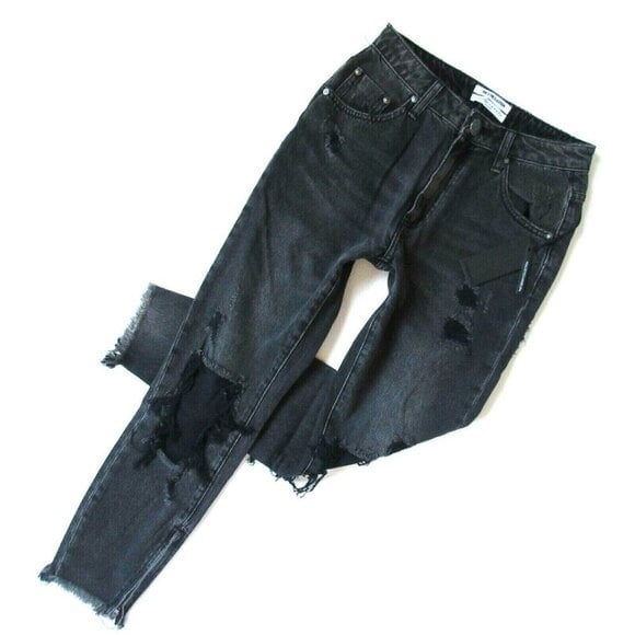 NWT One Teaspoon High Waist Freebirds in Double Bass Black Destroyed Jeans 25
