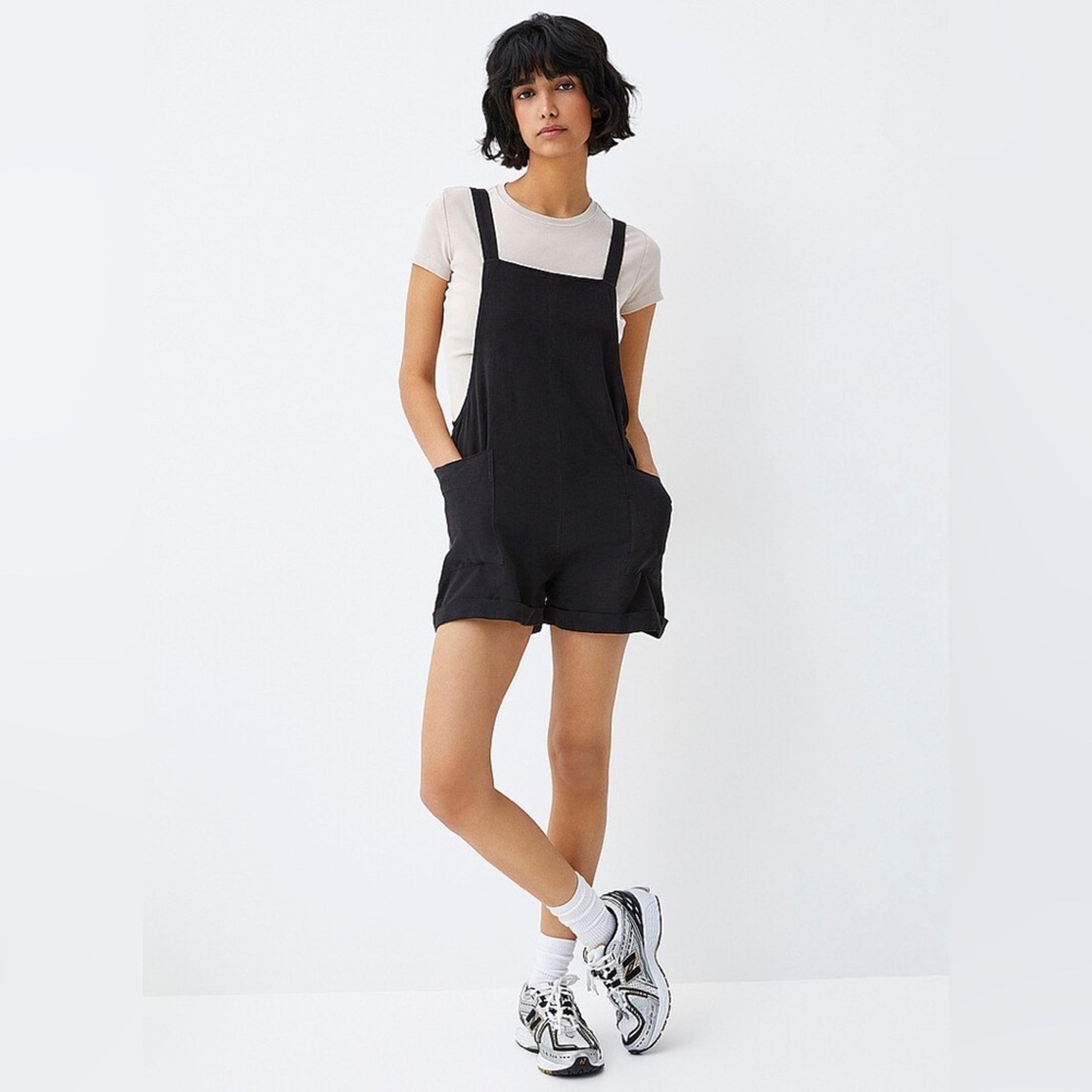 Elan Cotton Gauze Relaxed Fit Sleeveless Romper Black Women's Overalls Shorts