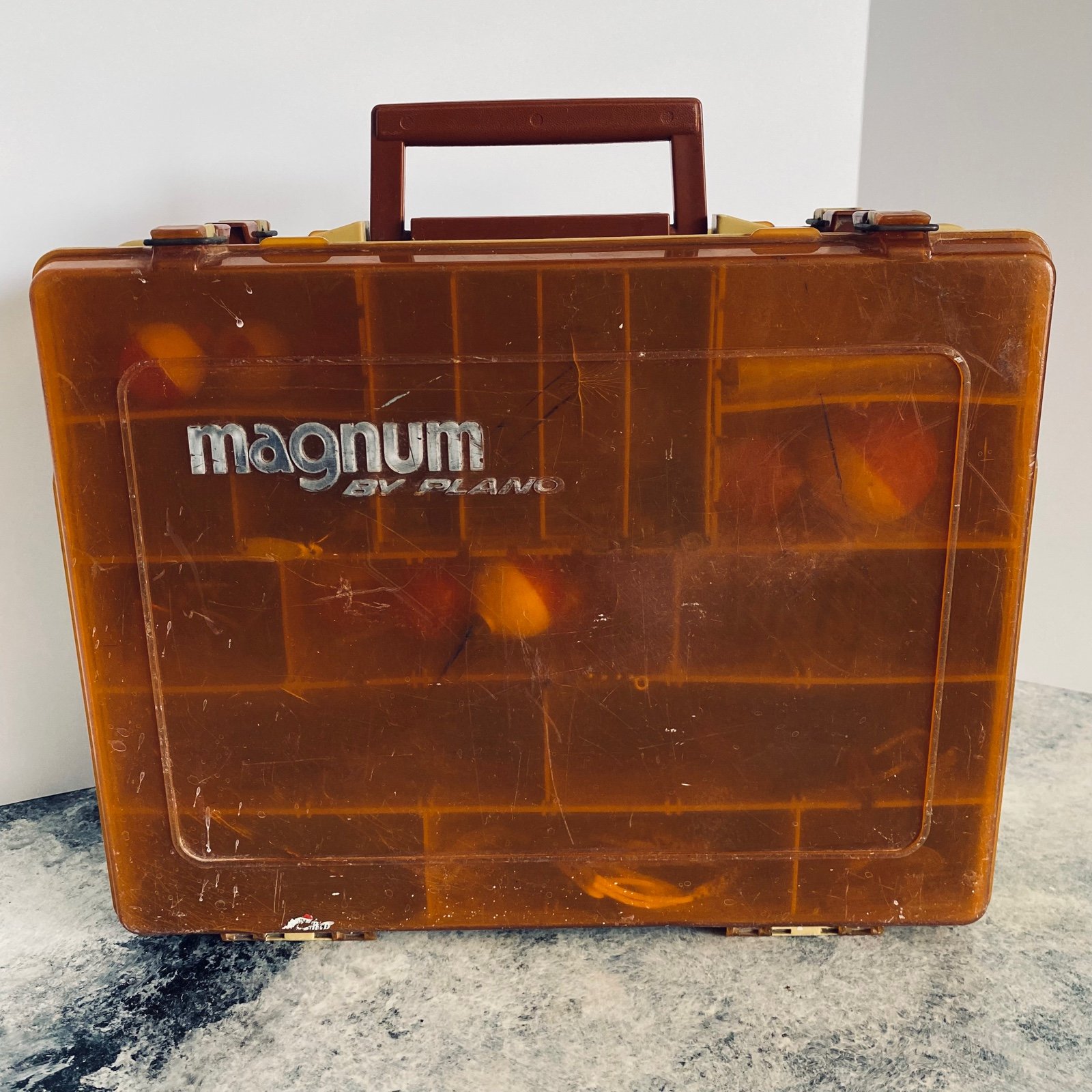 Plano Magnum Double sided Tackle Box fishing gear. vintage lures, bobbers