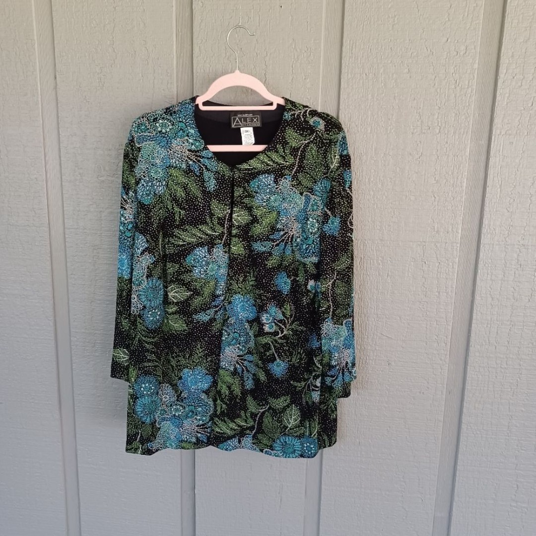 Alex Evenings Tank Jacket Set Plus Size 3X Floral Slinky Knit Glitter Stretch