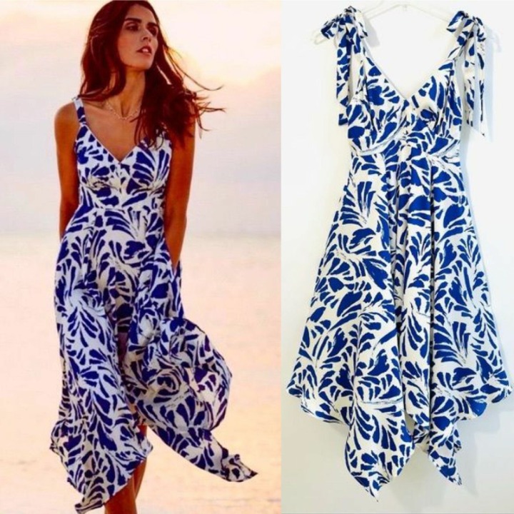Womans Dress Small Blue Satin Floral Print Asymmetrical Hem Swing New