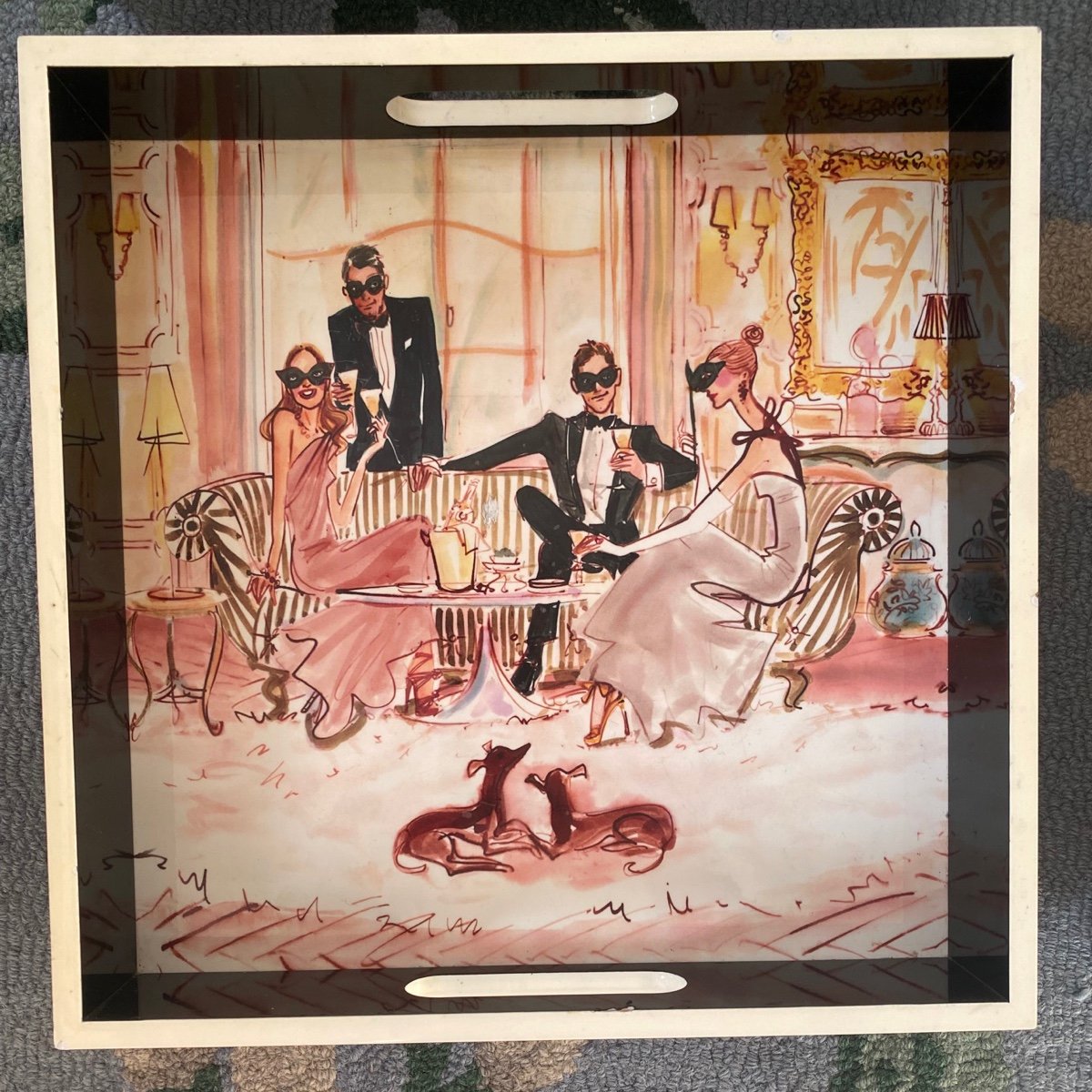 Rare Henri Bendel Masquerade Square Handled Champagne Date Cocktail Tray