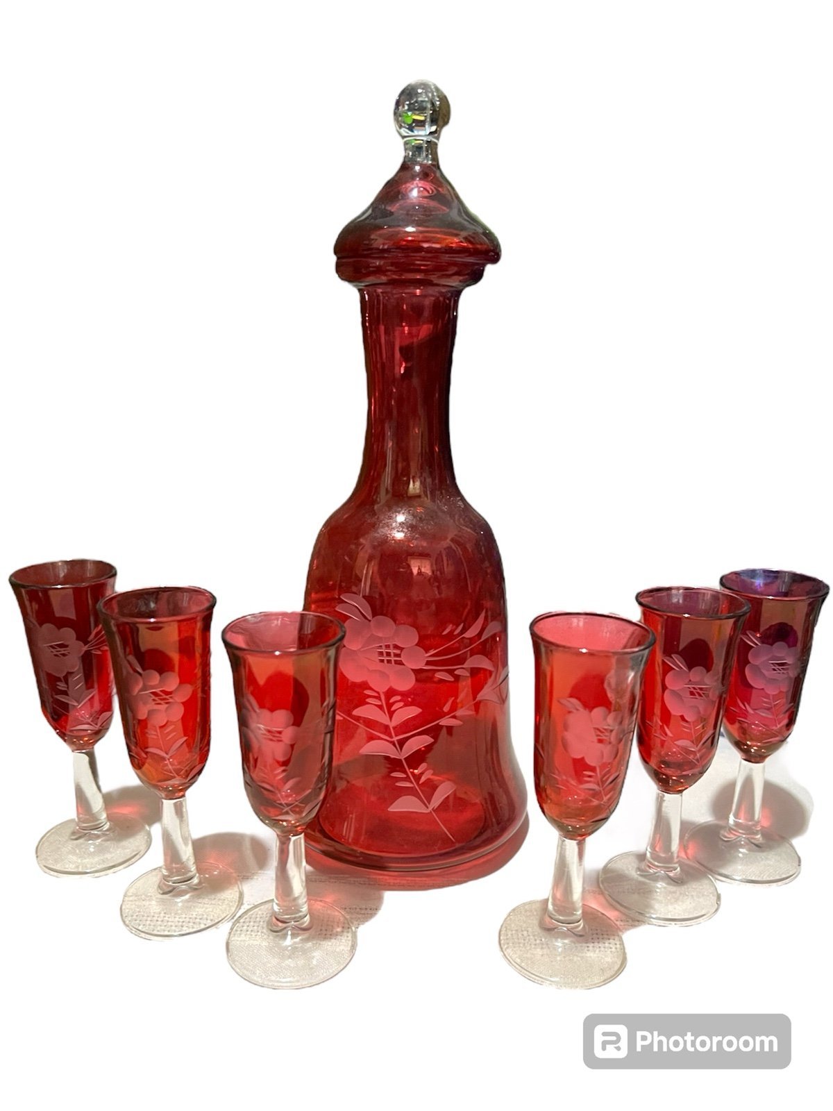 Vintage 1960's Colonial Glas Red Etched Floral Caraf & 6 Cordial Glasses