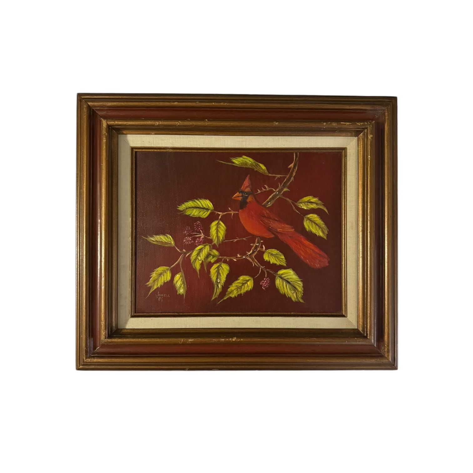 Vintage 1985 Signed Jonell Cardinal on a Raspberry Bush Branch Painting