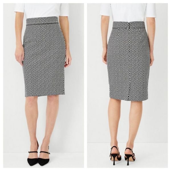 Ann Taylor 00P Petite Dotted Hexagon Piped Pencil Skirt Black White