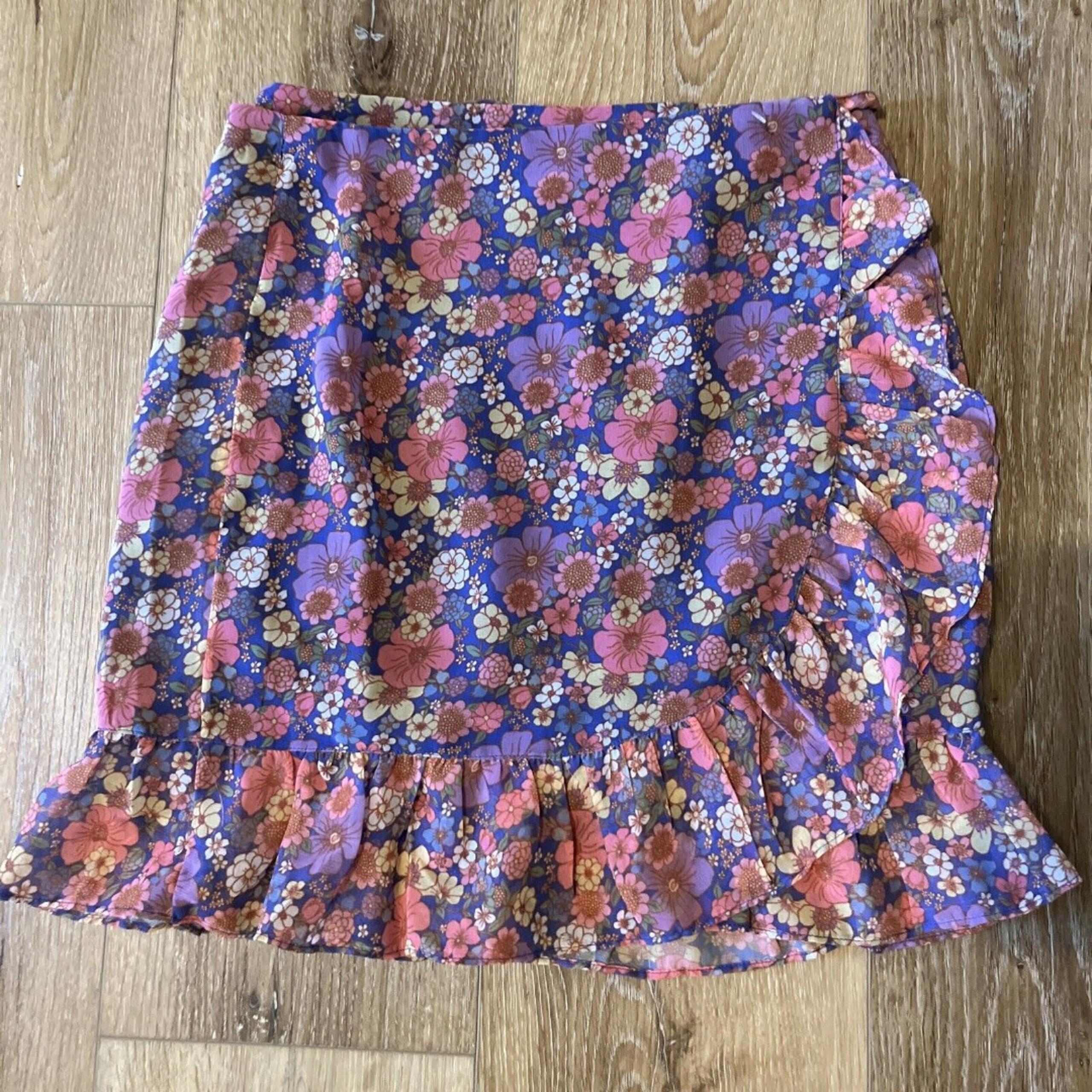 Topshop Ruffle Purple Pink Floral Wrap Mini Skirt 6