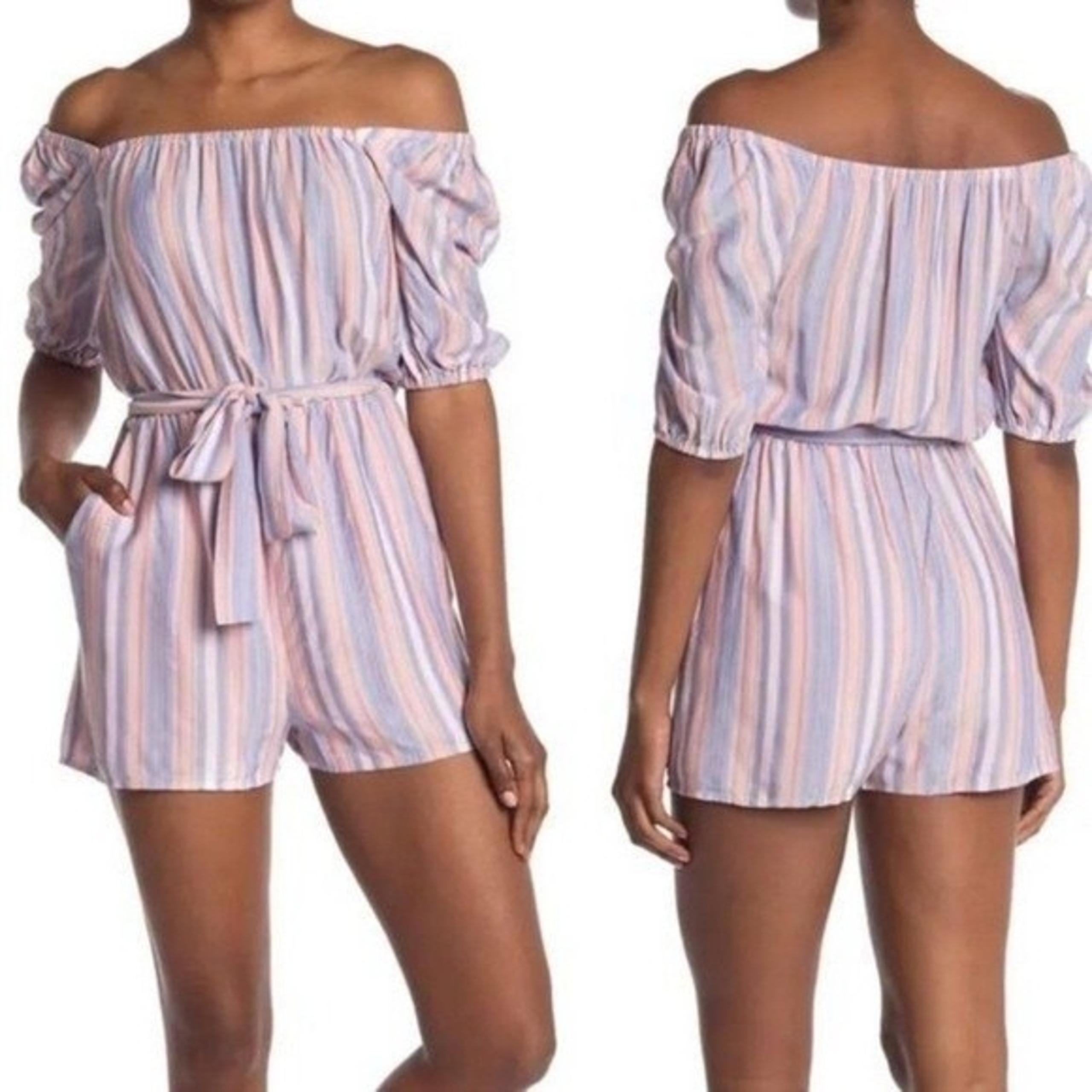 PAIGE Aubrie Off the Shoulder Striped Romper in Tanzanite Multi