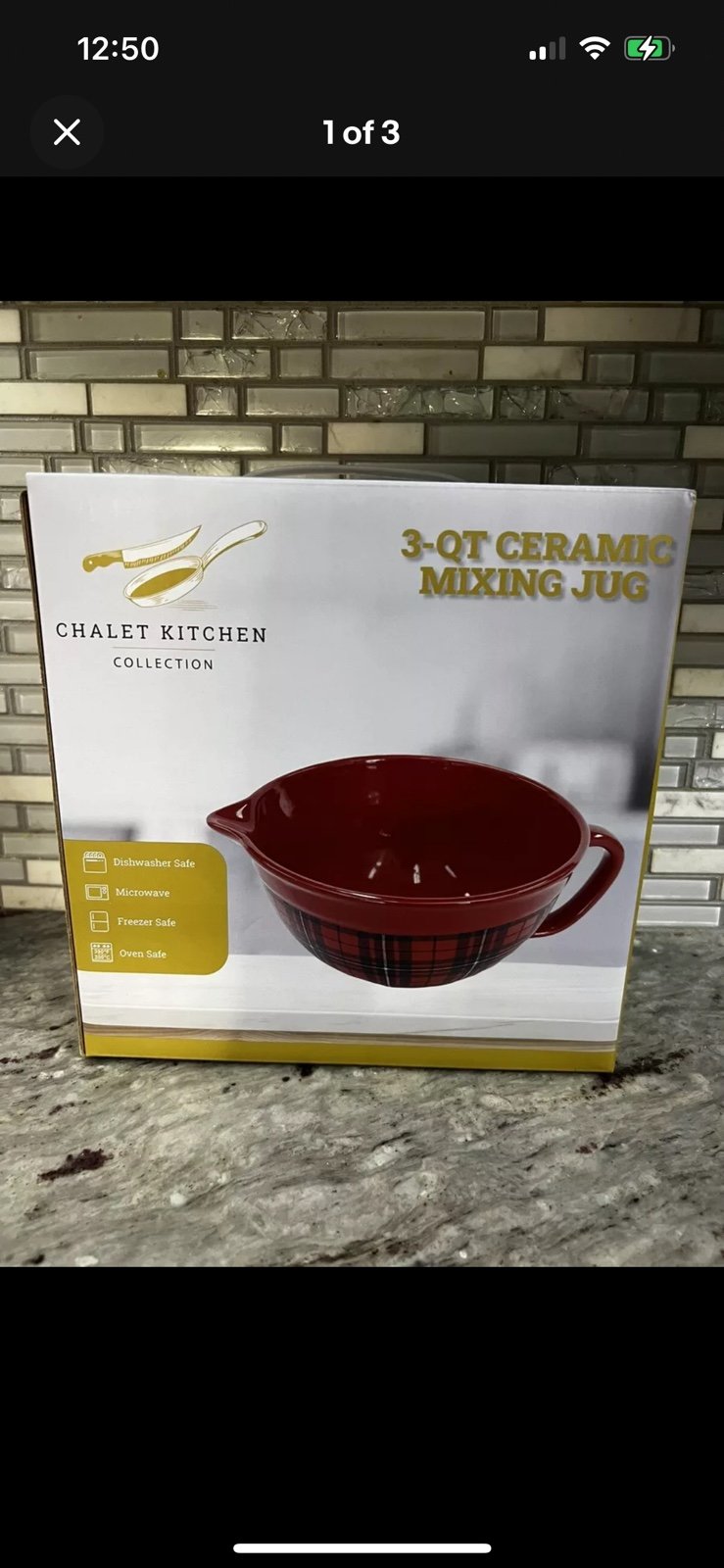 CHALET KITCHEN 3-QT CERAMIC MIXING JUG RED PLAID BATTER BOWL NIB Free Shipping