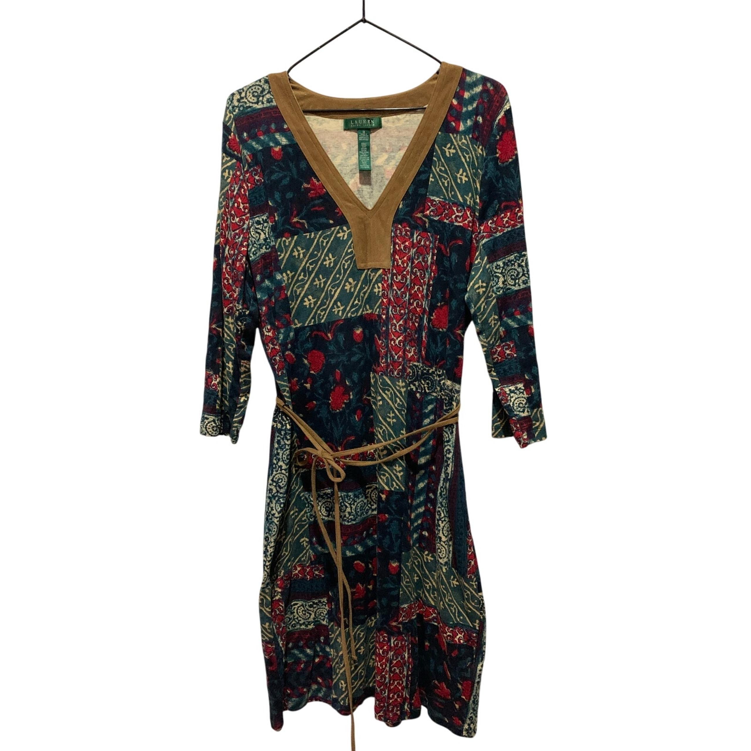 RALPH LAUREN Blue Patchwork Cotton Knit Faux Suede Trim Belted Dress 1X western
