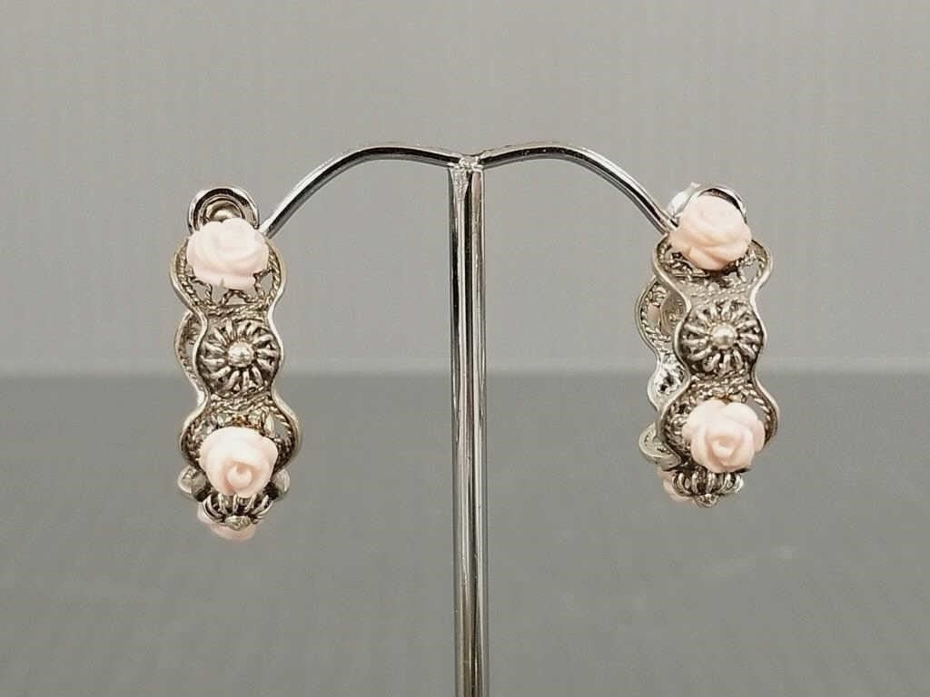 Artisan Crafted Carved Pink Opal Flower Hoop Earrings Sterling Silver