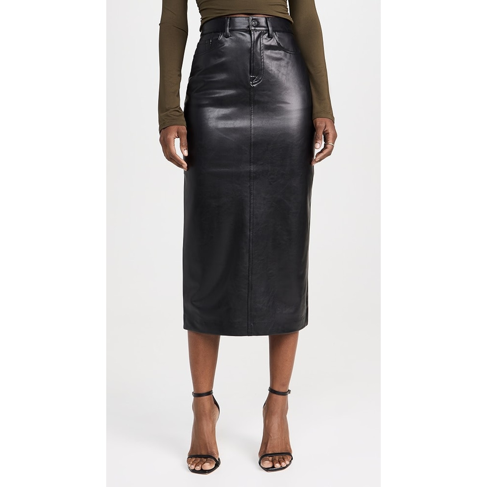 7 For All Mankind Faux Leather Midi Skirt Black Pencil Vegan Sz 26