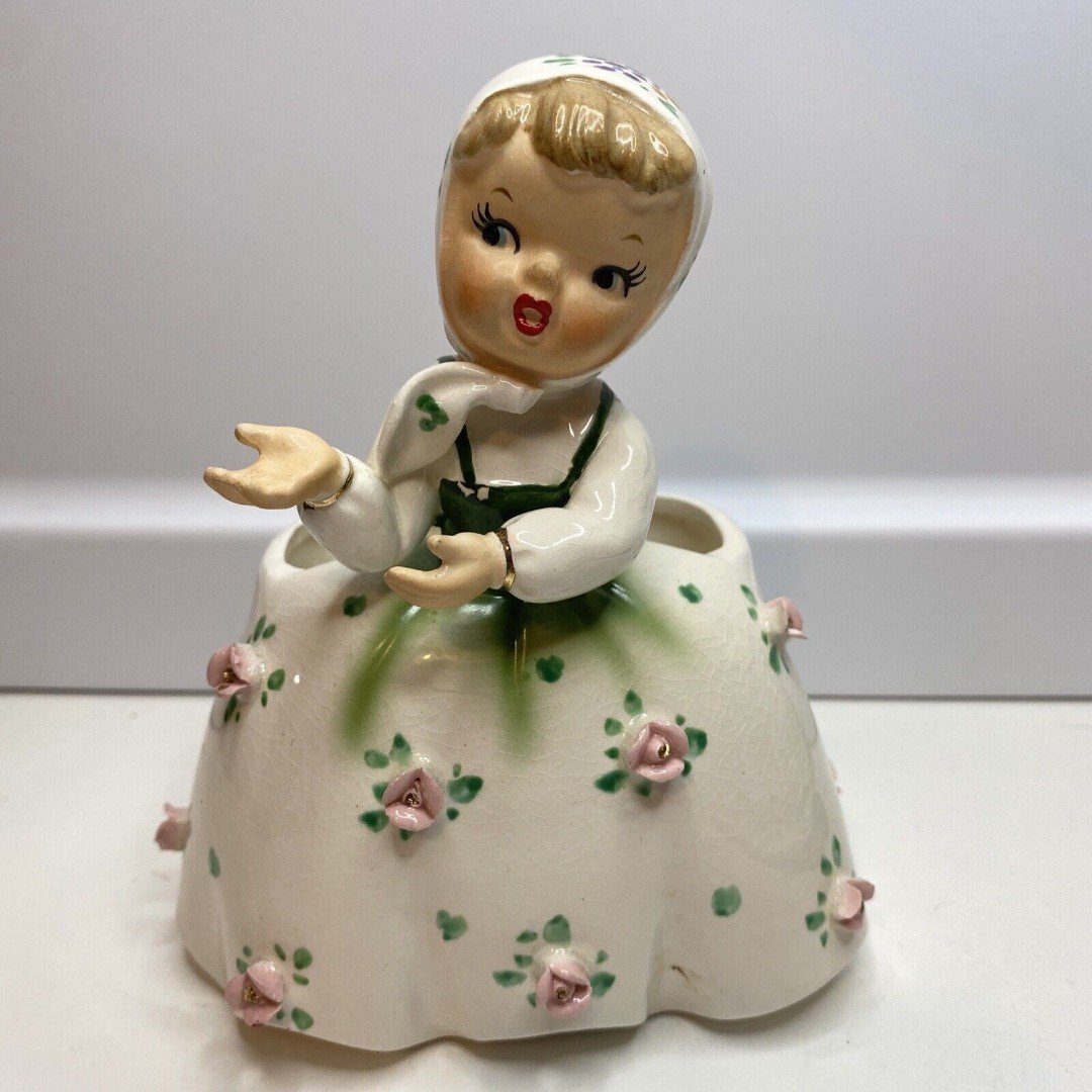 Vintage Napco Spring Girl Planter With Bonnet And Flower Rosetts MCM Decor 50s