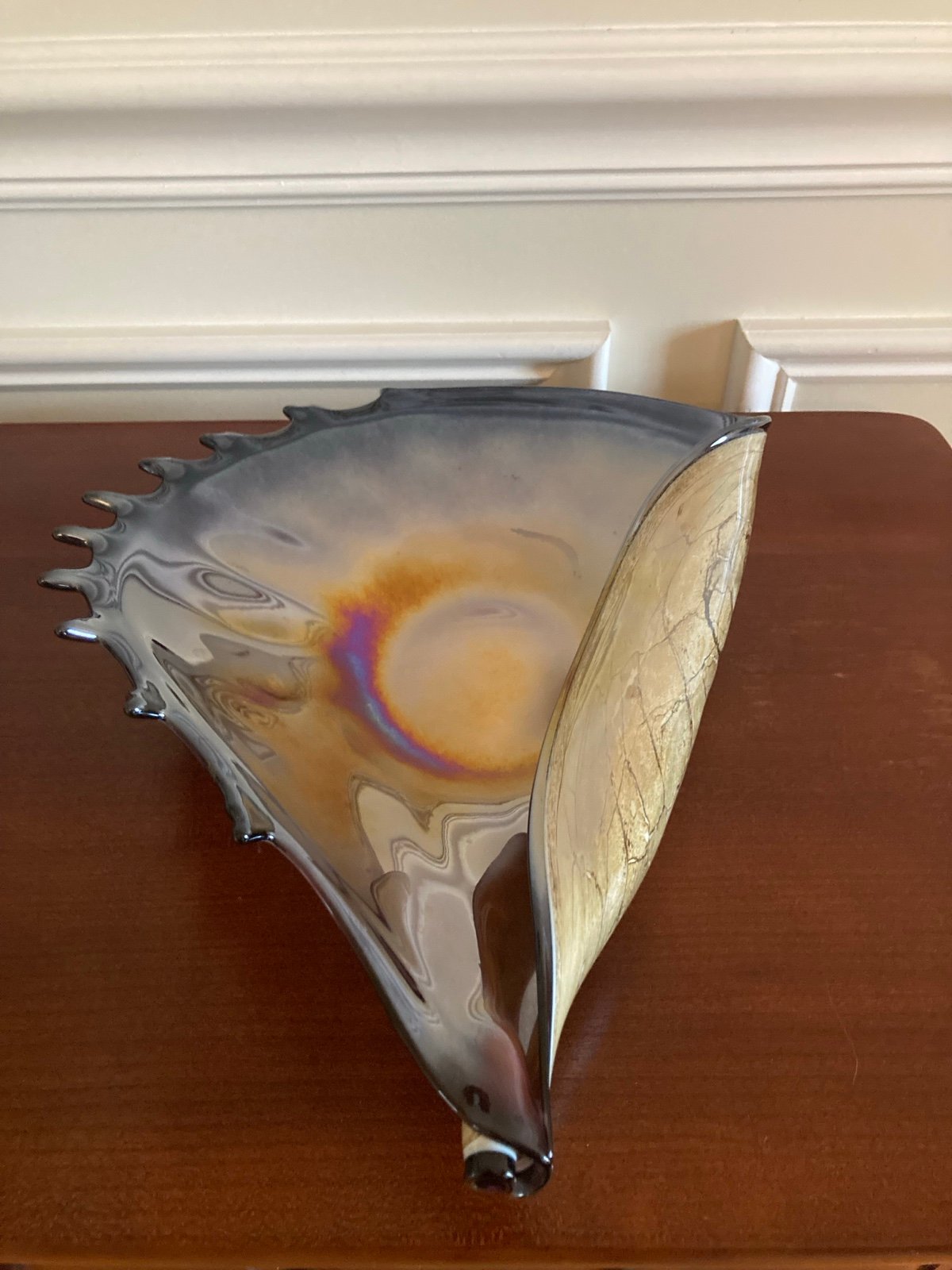 Seashell Blown Art Glass Iridescent Console Bowl Jozefina Krosno Large