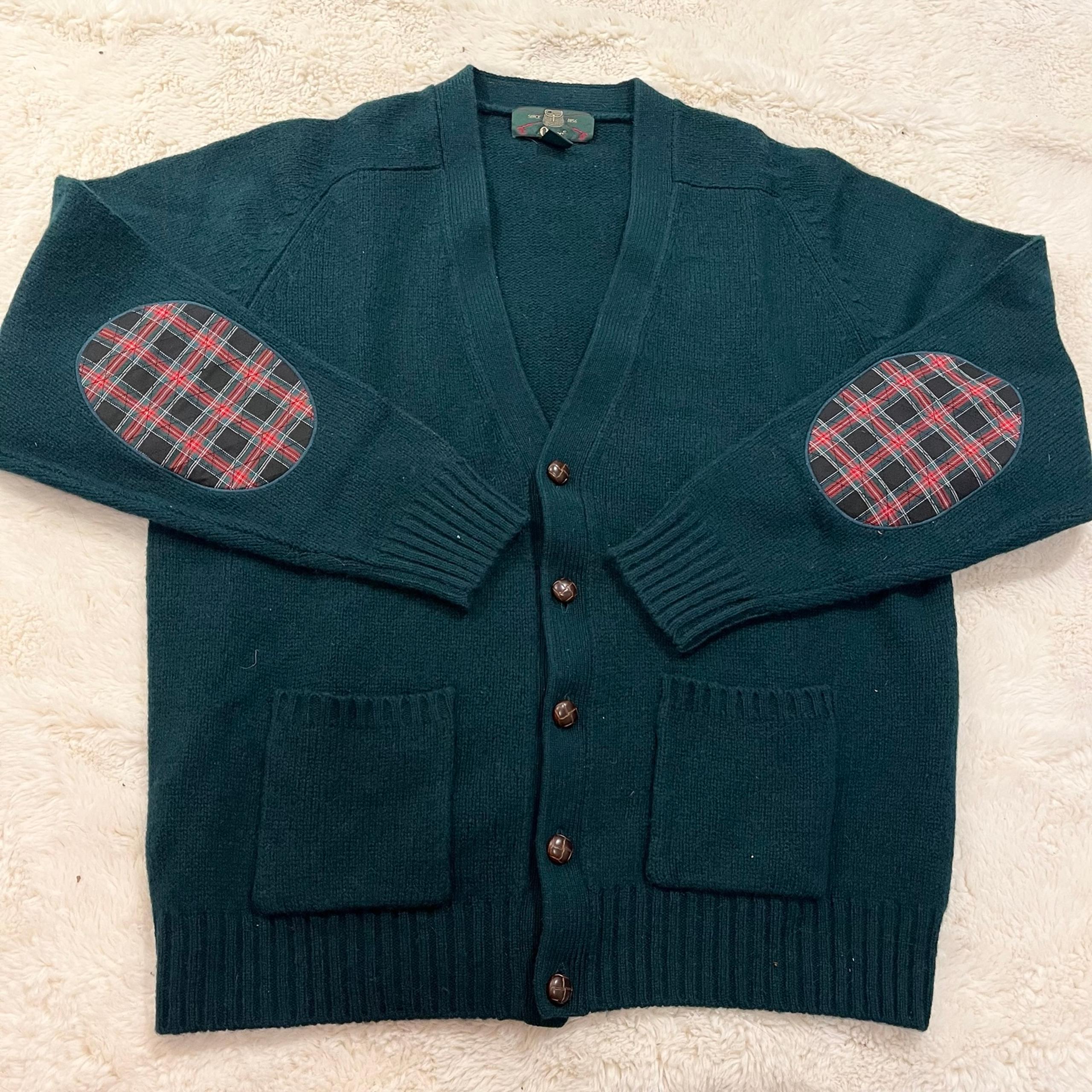 Orvis Sweater Men Large Green Wool V-Neck Cardigan Plaid  Elbow Patches Vtg 50s