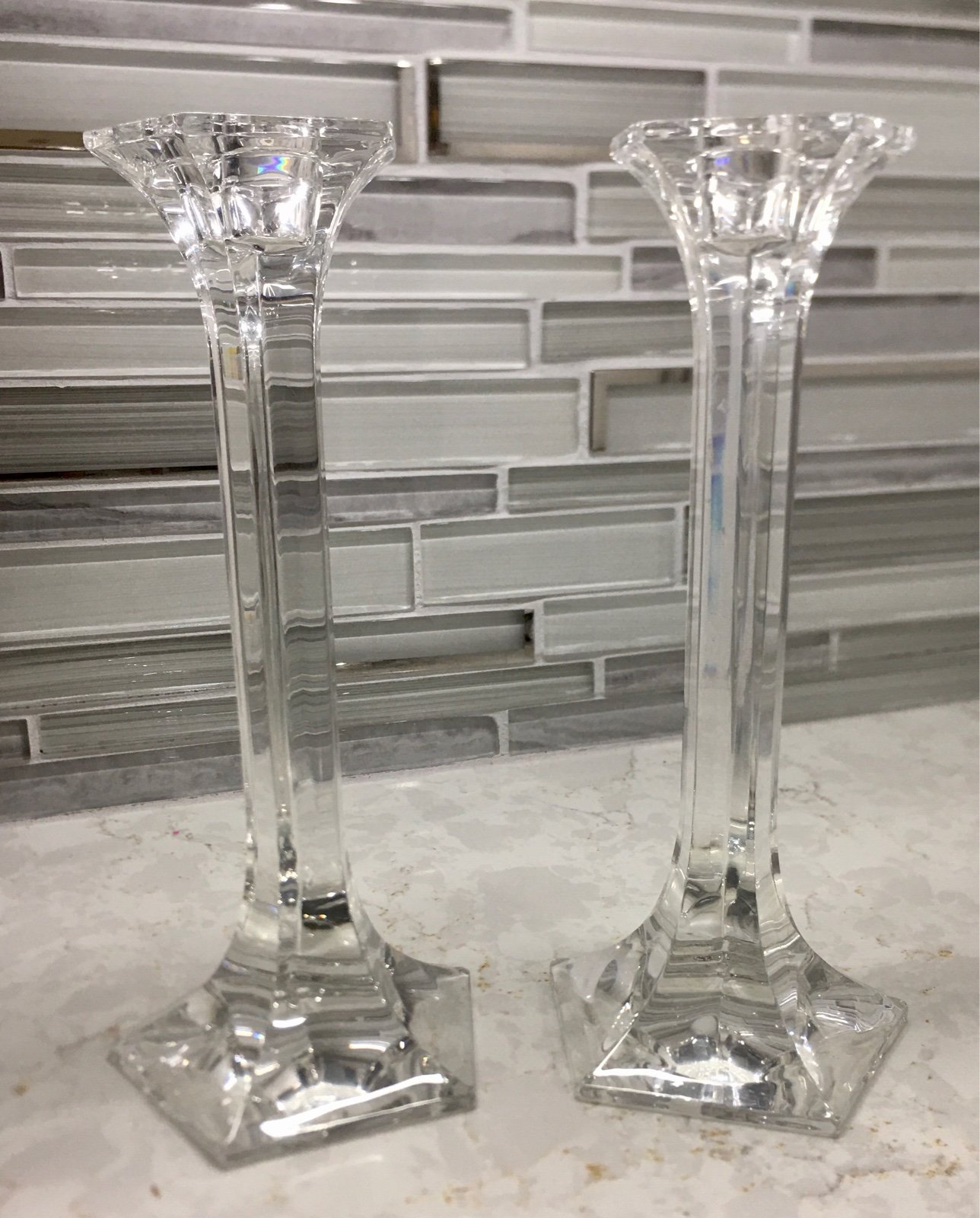 Pair of Vintage Riedel Clear Crystal Pentagon 8” Candle Holders