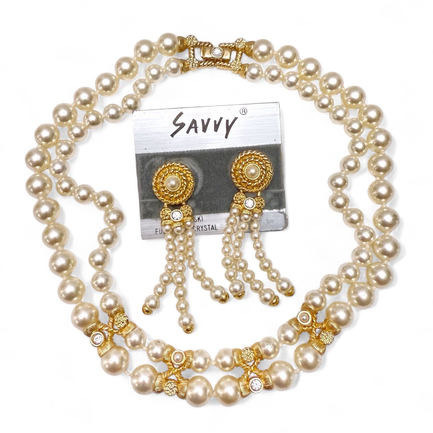 Vintage Savvy Swarovski Faux Pearl Crystal Necklace Dangle Clip On Earrings Set