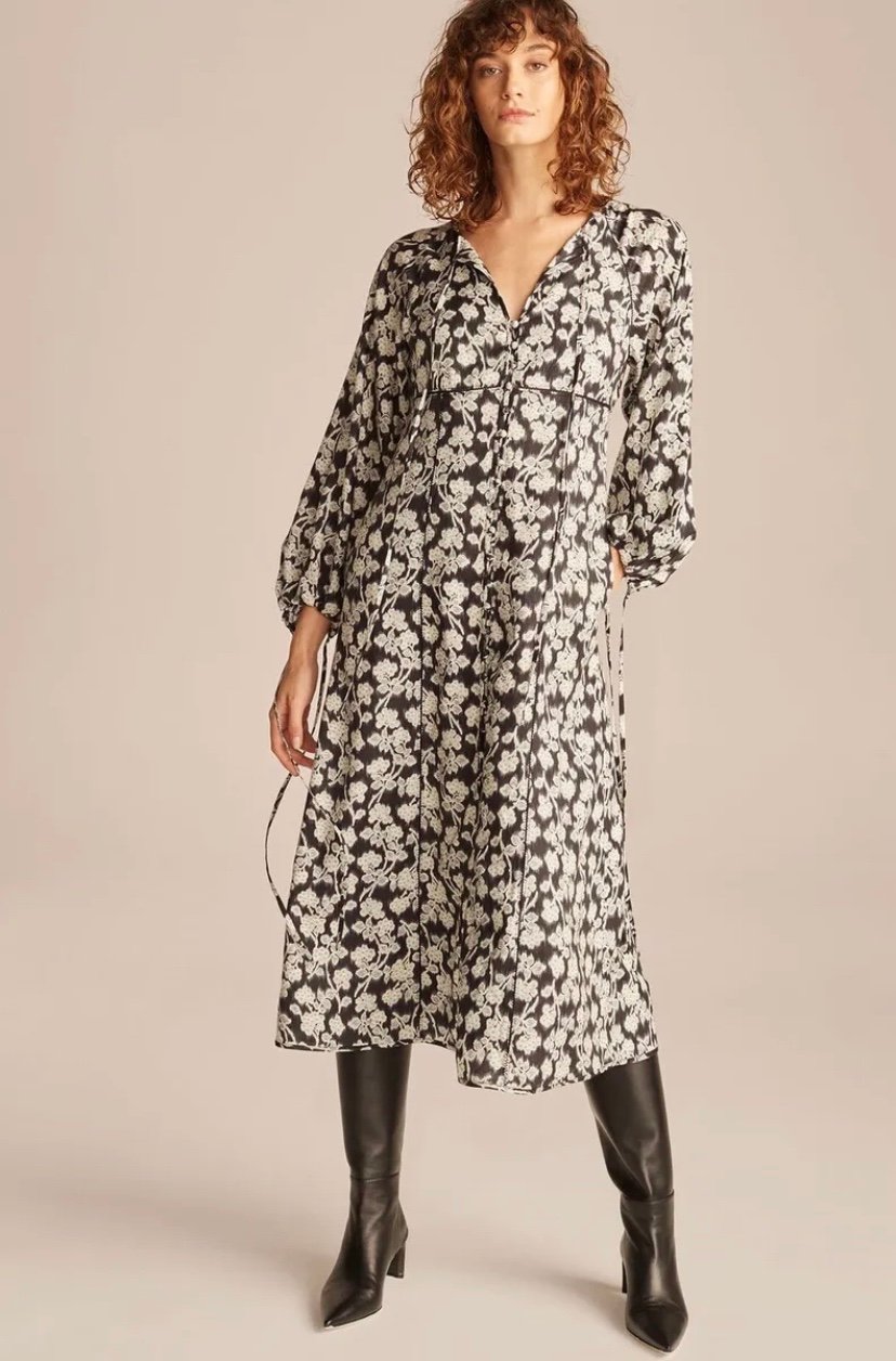 Rebecca Taylor Alicia Fleur Midi Long Sleeve Dress in Black Combo 2
