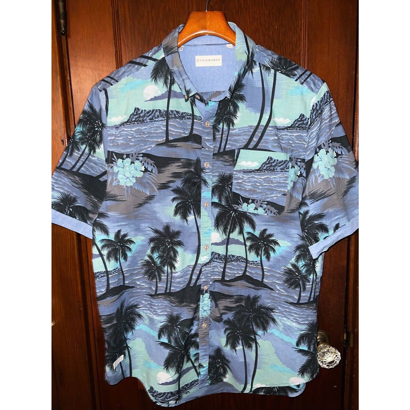 7 DIAMONDS BLUE PALM OCEAN PRINT SHORT SLEEVE COTTON SHIRT SIZE XXL SLIM FIT