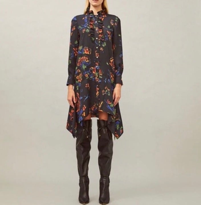Tory Burch Floral Cora Ceramic Bouquet Asymmetrical Hem Midi Ruffle Dress Size 2
