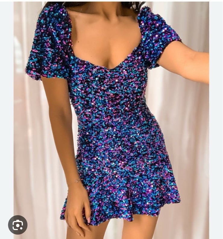 Blue, pink and purple sequin mini dress with black velvet undertone never worn w