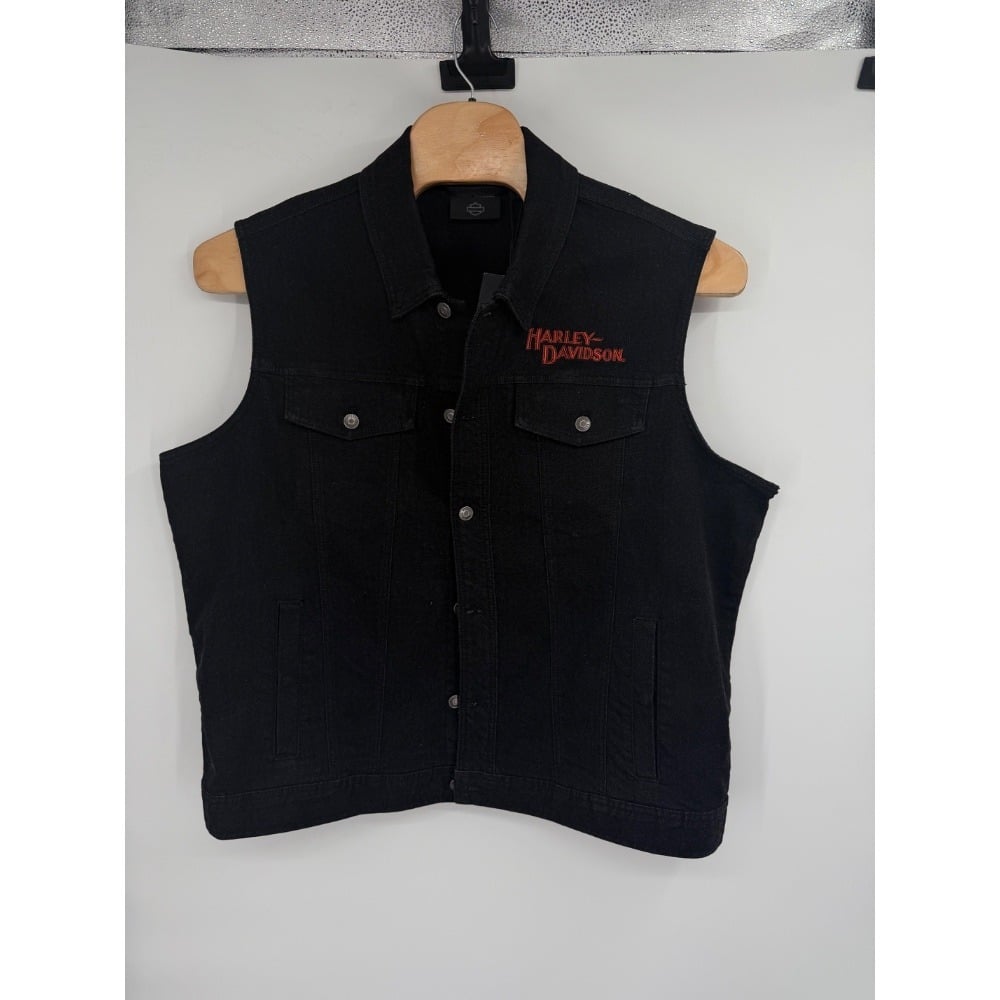 Harley Davidson Men's Black Denim Motorcycle Vest Embroidered NWT Sz 2XL